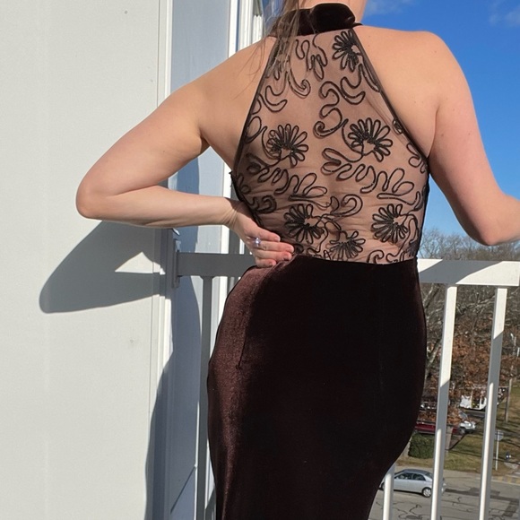 Velvet Maxi Dress Gown Halter Vintage Chocolate Brown Lace Back Corset Top S - Picture 7 of 7